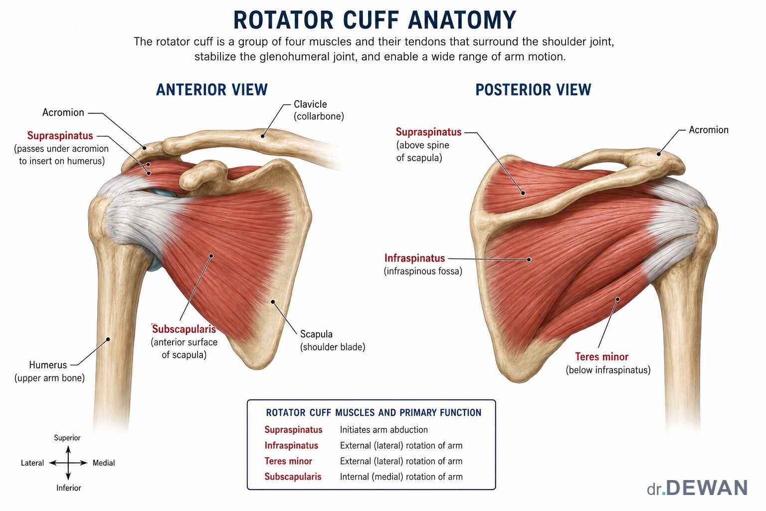 Rotator cuff anatomy, anterior and posterior views, labeling the supraspinatus, infraspinatus, teres minor, and subscapularis muscles and their primary functions