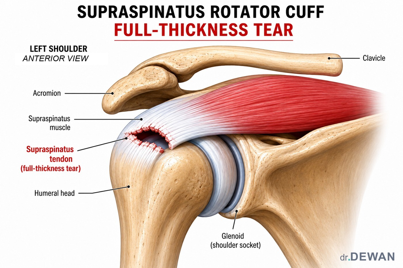 Full-thickness tear of the supraspinatus tendon of the rotator cuff, anterior view of a left shoulder showing the torn tendon edge where it meets the humeral head